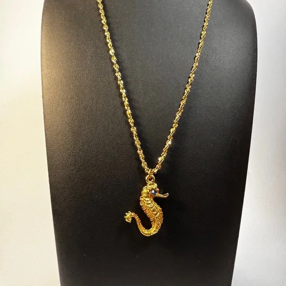 Seahorse Pendant Necklace Gold Tone Blue Eye Textured Nautical Jewelry - Picture 6 of 7